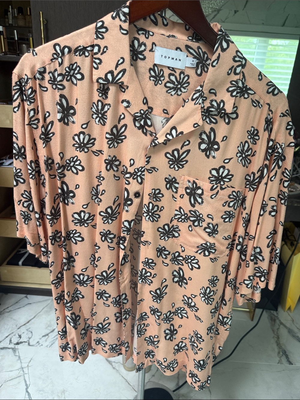 Topman Peach Short-Sleeve Button-Down Shirt with Black & White Floral Print
